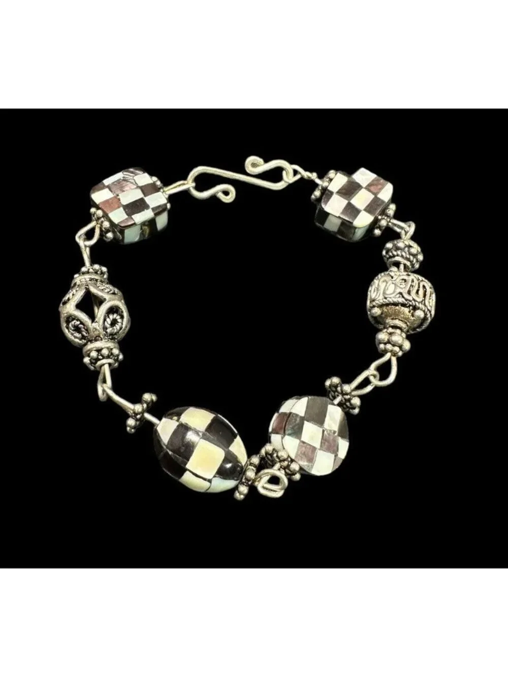 Bracelet Vintage Sterling Silver Geometric Multi Gemstone Inlay Panel Link